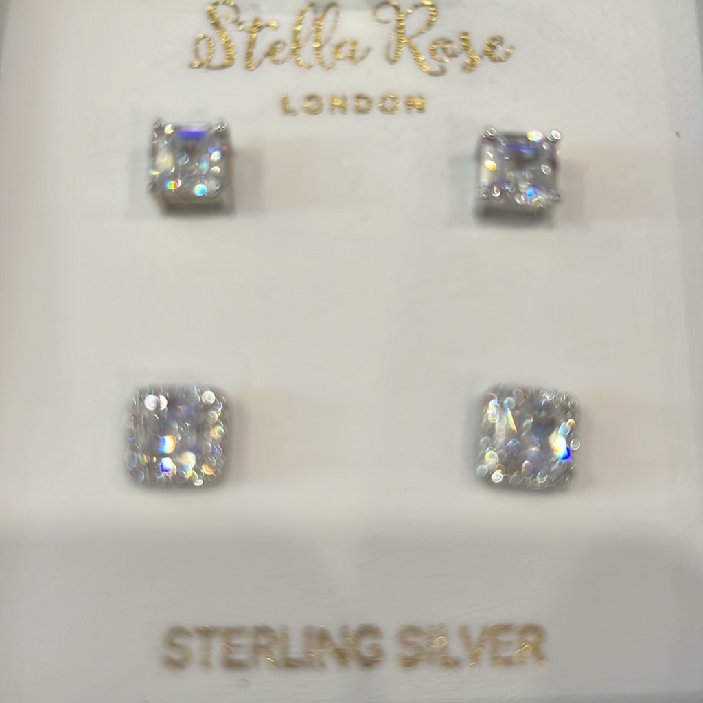 Sterling Silver (2) Pair Cz Earrings Square Brand New
